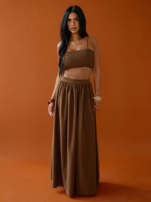 FASHION SZN 女士两件套夏季套装，吊带上衣搭配长裙，波西米亚风伊比沙岛音乐节夏季度假套装，棕色系旅行优雅时尚半裙上衣，长裙搭配赛马日服装，婚礼宾客礼服，欧式夏季 - 棕色 - 查看 4