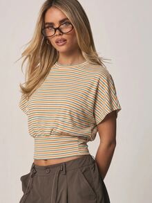 MISSGUIDED Áo croptop kẻ sọc gân sọc, cạp chun, cổ tròn, tay ngắn, kiểu dáng thường ngày mùa hè. - Nhiều màu - Xem 4