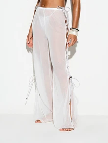 KIZN Sheer Mesh Wide-Leg Trousers With Side Lace-Up Rope Detail And Split Hem Beach Cover-Up Pants - White - View 1