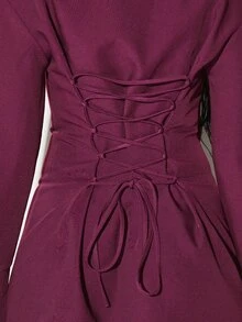 KIZN Đầm ngắn tay có đệm vai, cổ buộc dây và lưng corset, thích hợp cho buổi tối đi chơi hoặc dự tiệc. - Màu tím - Xem 6