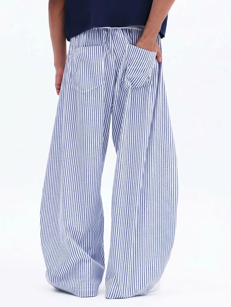 Gestreifte Schlupfhose mit weitem Bein, Kordelzug Taille und Pattentaschen für lässigen Sommertragen