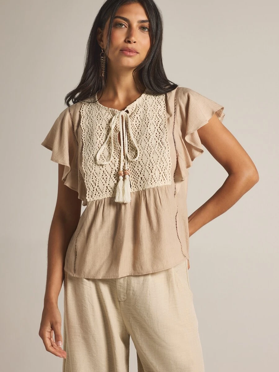 KSTM Boho Flutter Sleeve Blouse With Crochet Bib Tie-Front Tassel Detail Summer Vacation Top Tea Party Beige - Khaki - View 1