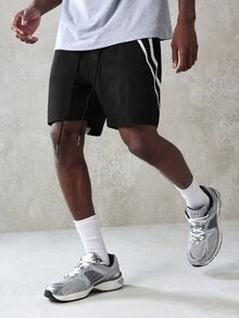 SUMWON Regular Fit Drawstring Shorts With Contrast Side Tape Stripes Casual Summer Everyday Wear - Black - View 2