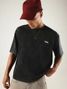 SUMWON Club Acid Wash Boxy Fit Crew Neck Doberman Graphic Back Print Short Sleeve Casual Tee - Black - View 4