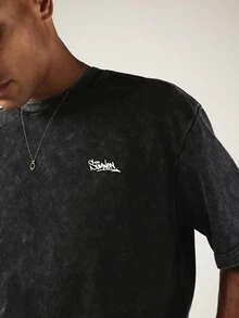 SUMWON Club Acid Wash Boxy Fit Crew Neck Doberman Graphic Back Print Short Sleeve Casual Tee - Black - View 5