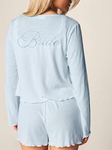 MISSGUIDED Bride Embroidered Ribbed Long Sleeve Button-Up Cardigan Top, Bralette And Shorts Pajama Set - Blue - View 5