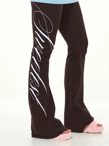 SUMWON WOMEN Flared Fold-Over Waistband Flare Pants With Cursive Script Graphic Detail Y2K Style - Chocolate Brown - View 4