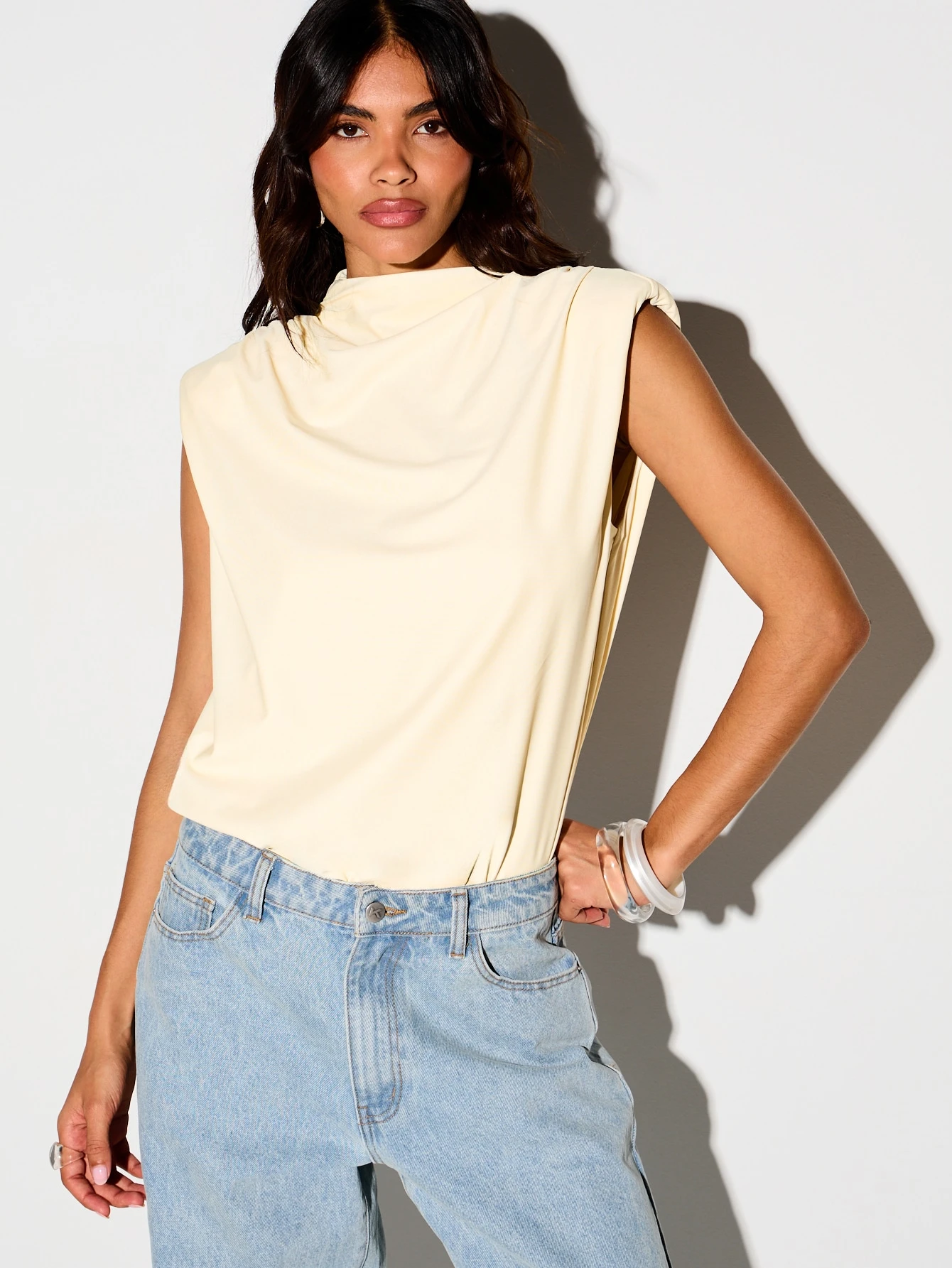 KIZN High Neck Draped Open Back Bodysuit