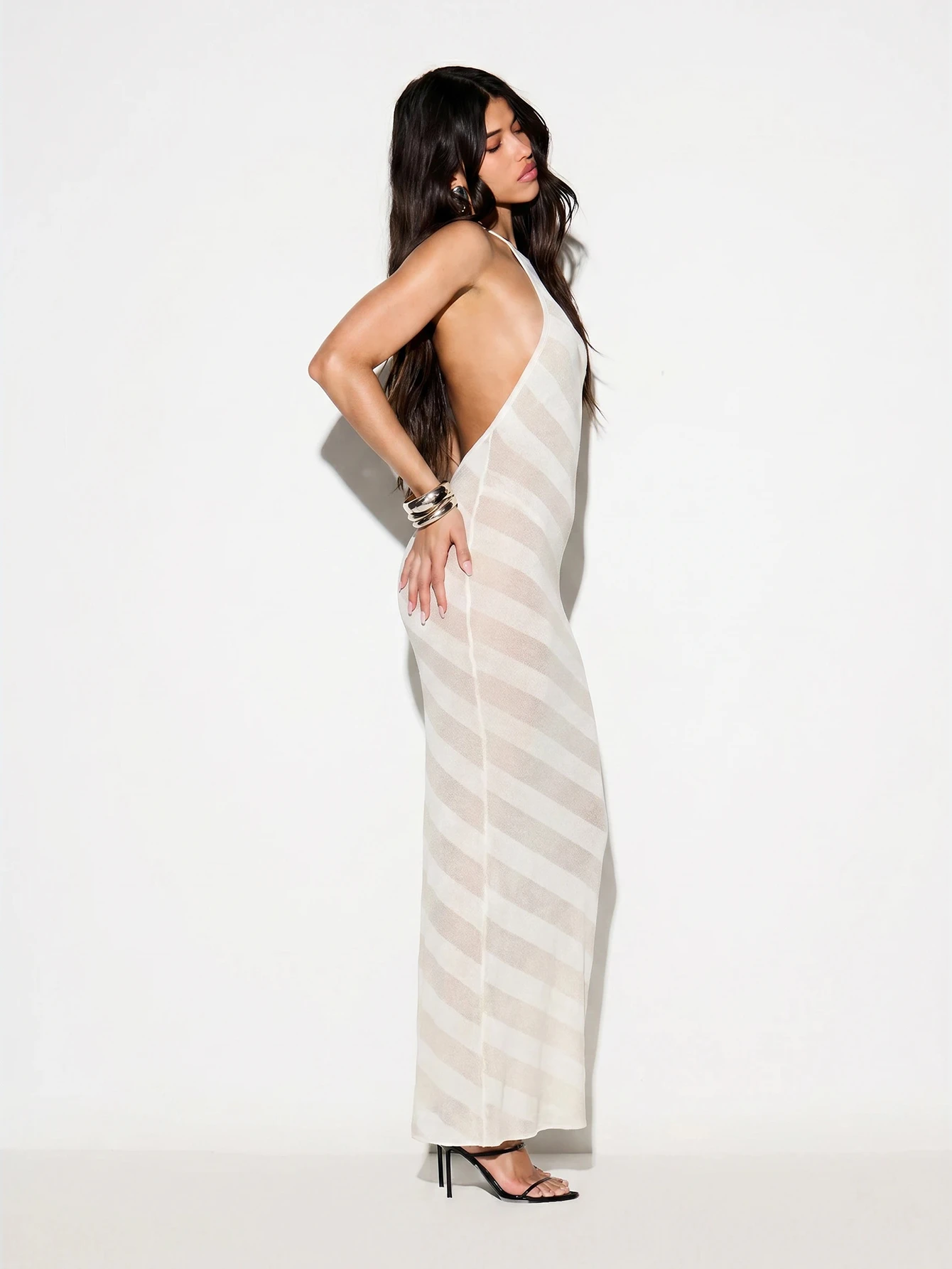 Diagonal Stripe Knit Halter Neck Backless Maxi Dress
