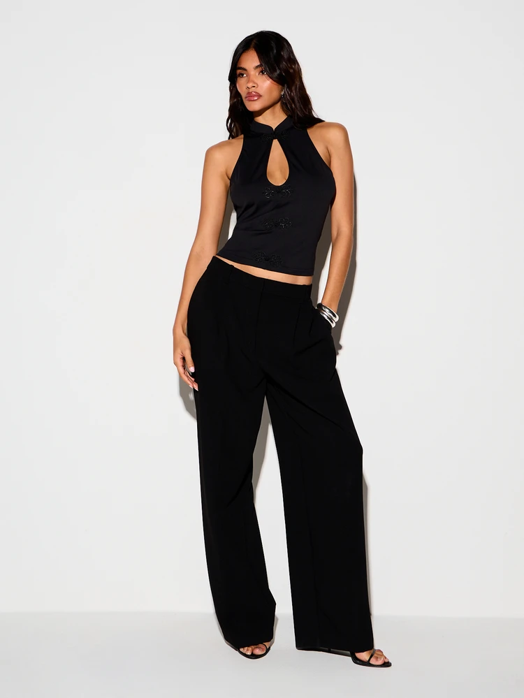 KIZN Halter Neck Crop Top With Frog Clasp Detail