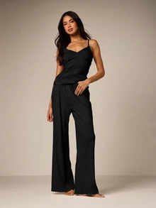 AiiRZ Cami And Wide Leg Trouser Pajama Set With Lace Trim Sweetheart Neckline Cozy Lounge Sleep Wear - Black - View 1