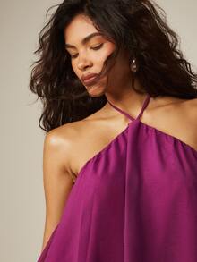 MISSGUIDED Đầm maxi cổ yếm dáng thác nước với chi tiết buộc dây phía sau, chất liệu chiffon mềm mại, vạt trước ngắn vạt sau lệch, thích hợp cho tiệc tối. - Màu tím - Xem 2