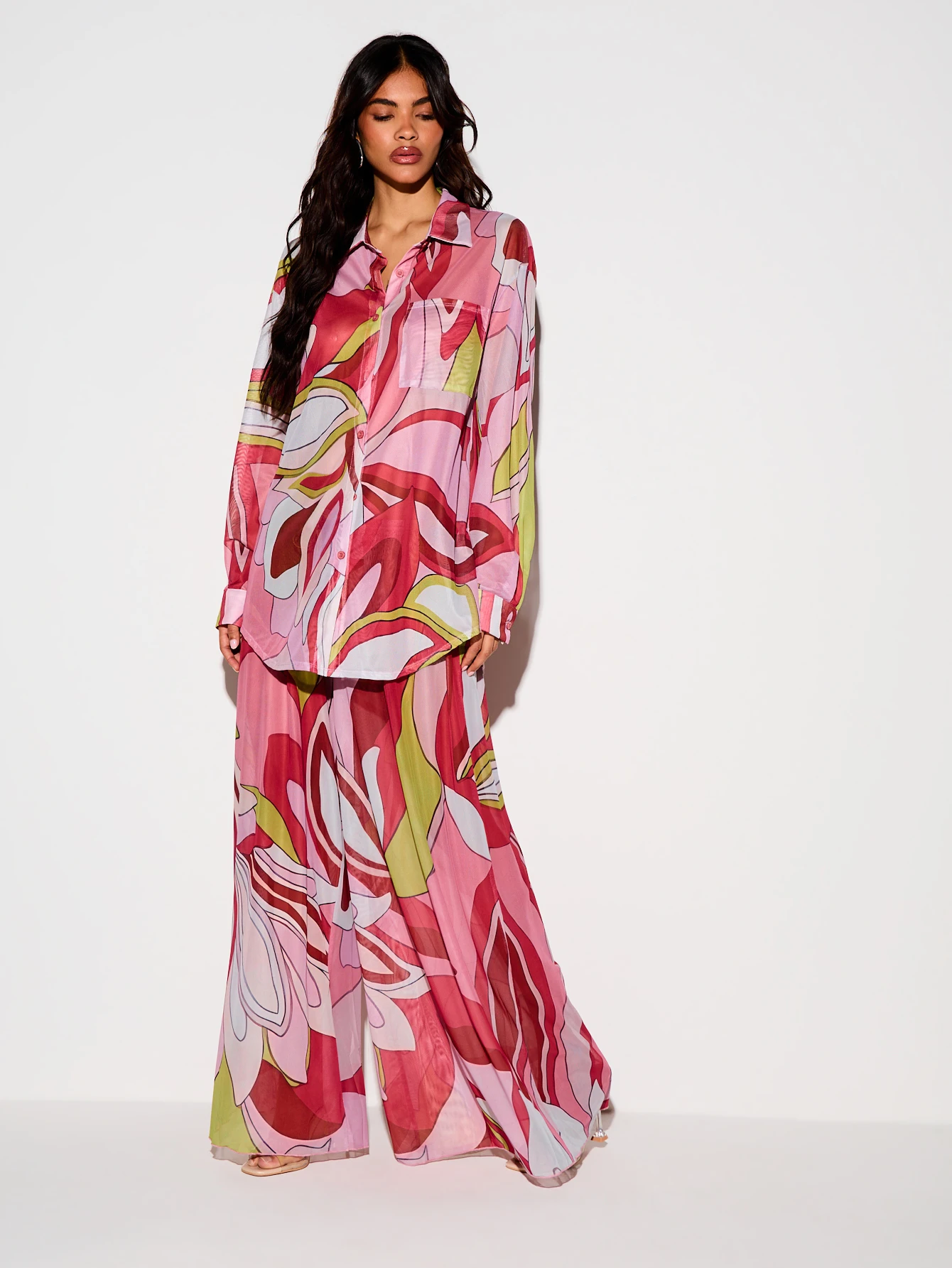 KIZN Printed Mesh Wide Leg Sheer Palazzo Trousers