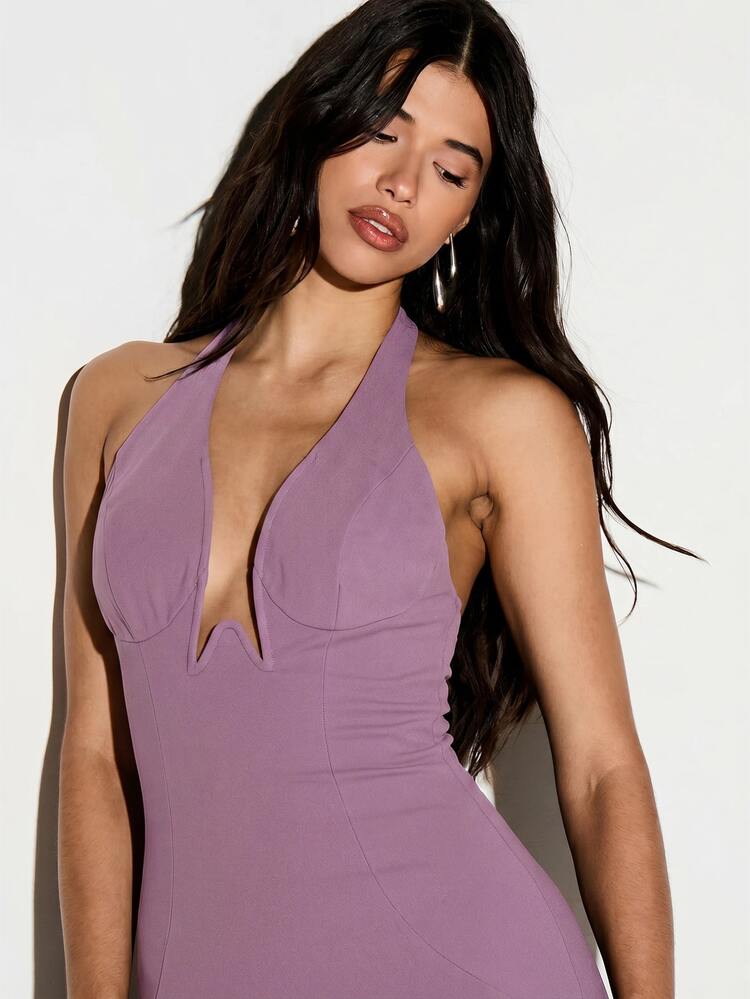 Deep V Plunge Halter Neck Bodycon Mini Dress