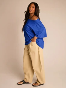 FASHION SZN 大码女士100%纯棉宽松落肩T恤休闲露肩蓝色上衣宽松版型大码夏季穿搭度假日常基本款机场旅行城市短途旅行时尚优雅简约 - 藍色 - 查看 5