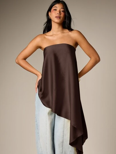 AiiRZ Áo quây Bandeau satin không dây với vạt rủ bất đối xứng cao thấp - Áo tiệc tối thanh lịch