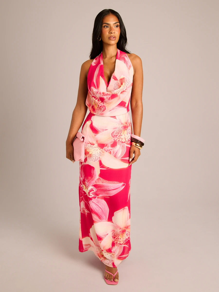 FASHION SZN Women's Floral Print Chiffon Cowl Neck Maxi Dress Summer Holiday Vacation Outfit Wedding Guest Dress Races Day Dress Formal Occasion Grad Dress Prom Elegant Chic Travel Classy - Multicolor - View 1