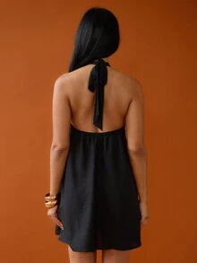 FASHION SZN THỜI TRANG SZN HALTERNECK LINEN MINI VÁY - màu đen - Xem 2