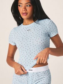 MISSGUIDED 花卉鏤空羅紋短版T恤與男孩短褲睡衣家居套裝，附品牌彈性腰帶 - 藍色 - 查看 5