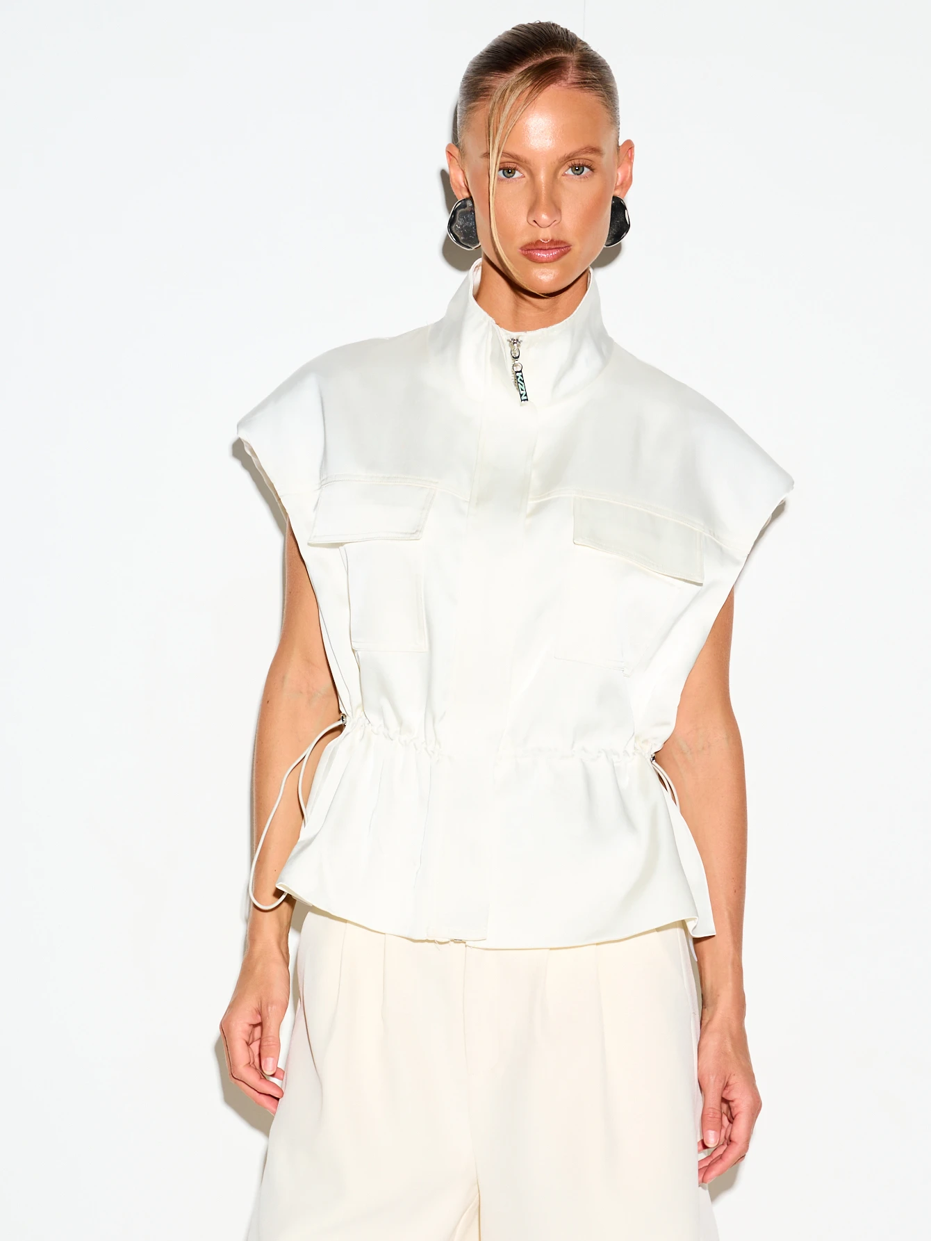 Satin Sleeveless Vest Jacket With Funnel Neck And Drawstring Waist
