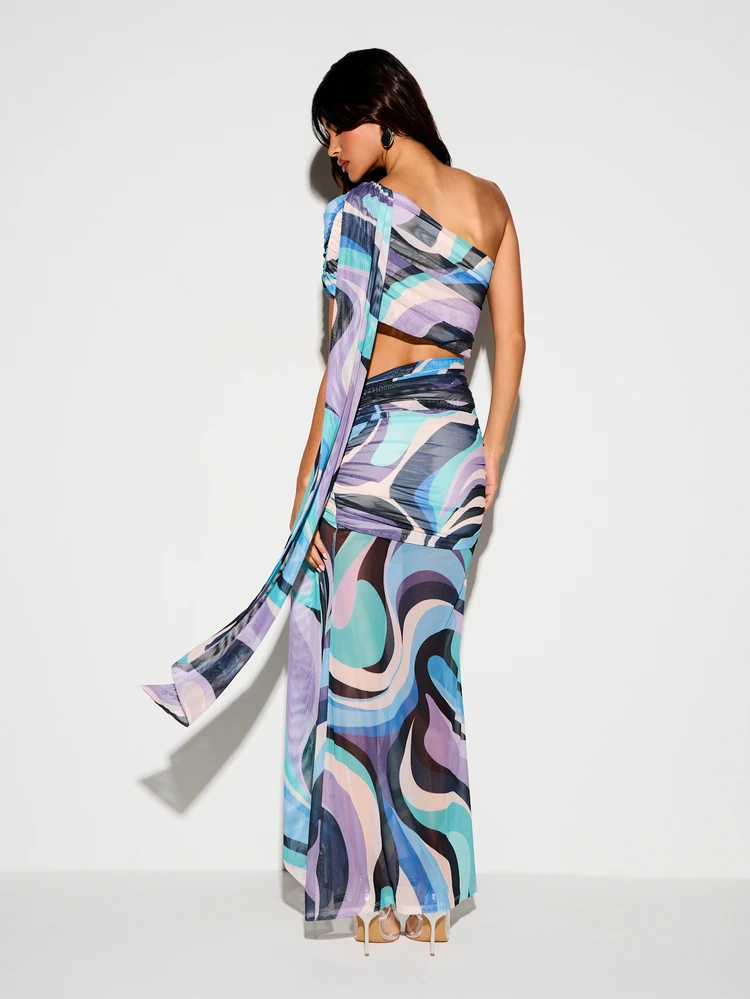 KIZN One-Shoulder Swirl Print Cut-Out Maxi Dress
