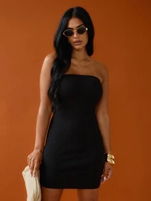 FASHION SZN Womens Bandeau Casual Basic Sexy Ribbed Mini Dress Strapless Holiday Vacation Outfit Sun Short Travel Ibiza Boho Black Beach Night Club Wear Summer - Black - View 1