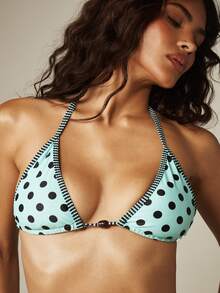 MISSGUIDED Triangle Bikini Top With Polka Dot Print Halter Neck Tie-Back Adjustable Straps Contrast Trim Summer Beach Swimwear - Multicolor - View 2