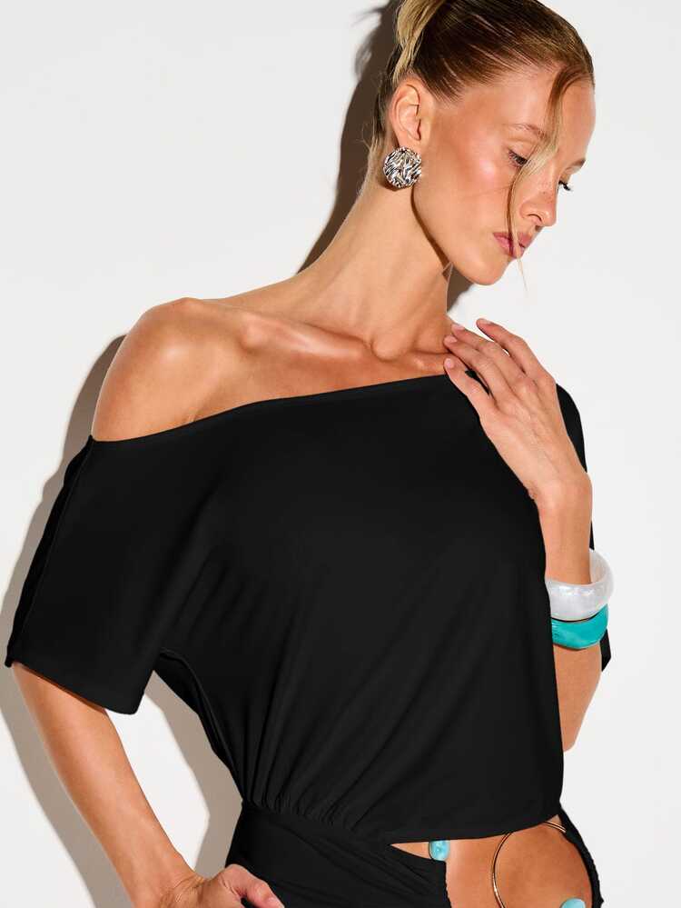 One Shoulder Mini Dress With Circular Cutout And Asymmetric Hem