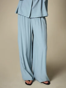 KSTM Oversized Casual Collared Short Sleeve Shirt And Wide Leg Palazzo Pants Co-Ord Two-Piece Matching Set Lounge Vacation Dusty Blue Summer - Blue - View 4