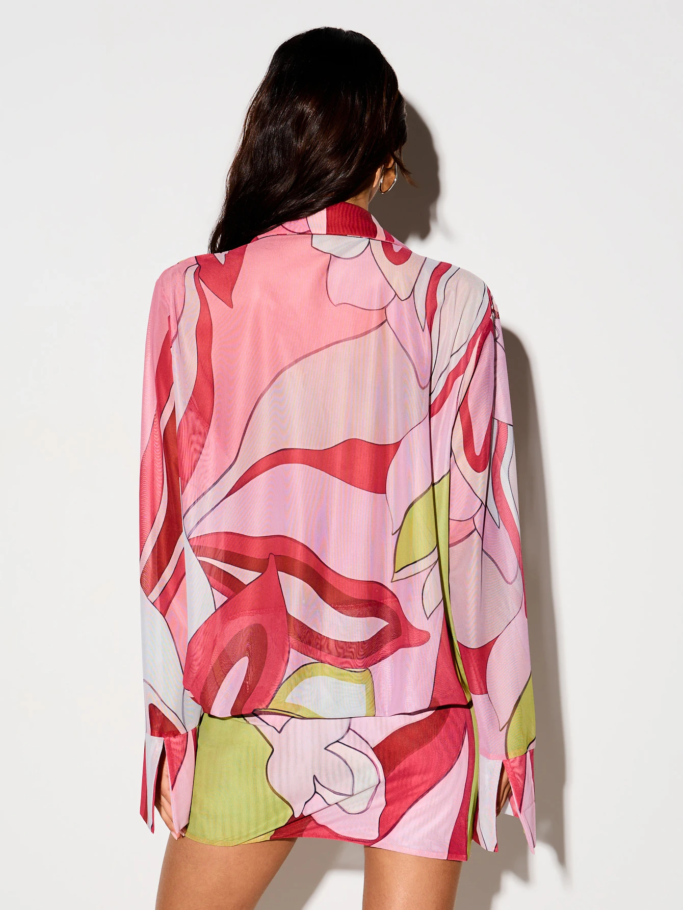 KIZN Printed Mesh Sheer Long Sleeve Cover-Up Mini Dress