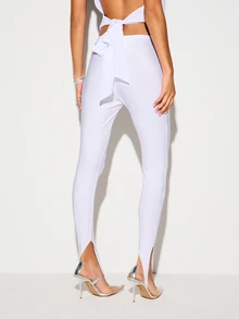 KIZN Quần legging bó sát, dài đến mắt cá chân, xẻ tà phía trước, chất liệu co giãn bóng bẩy, thích hợp cho các buổi tiệc đêm. - trắng - Xem 2