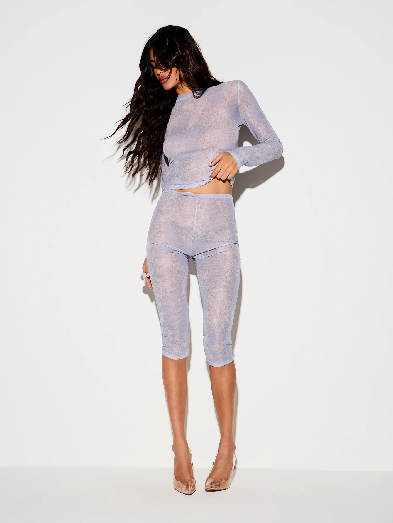 KIZN Sheer Lace Print Mesh Capri Leggings