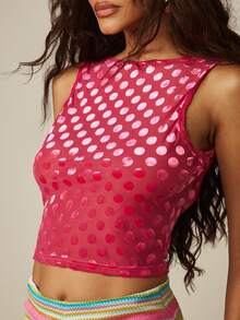 MISSGUIDED 波点镂空露背短款背心，低挖背设计，宽肩带，夏季节日风 - 粉色 - 查看 5