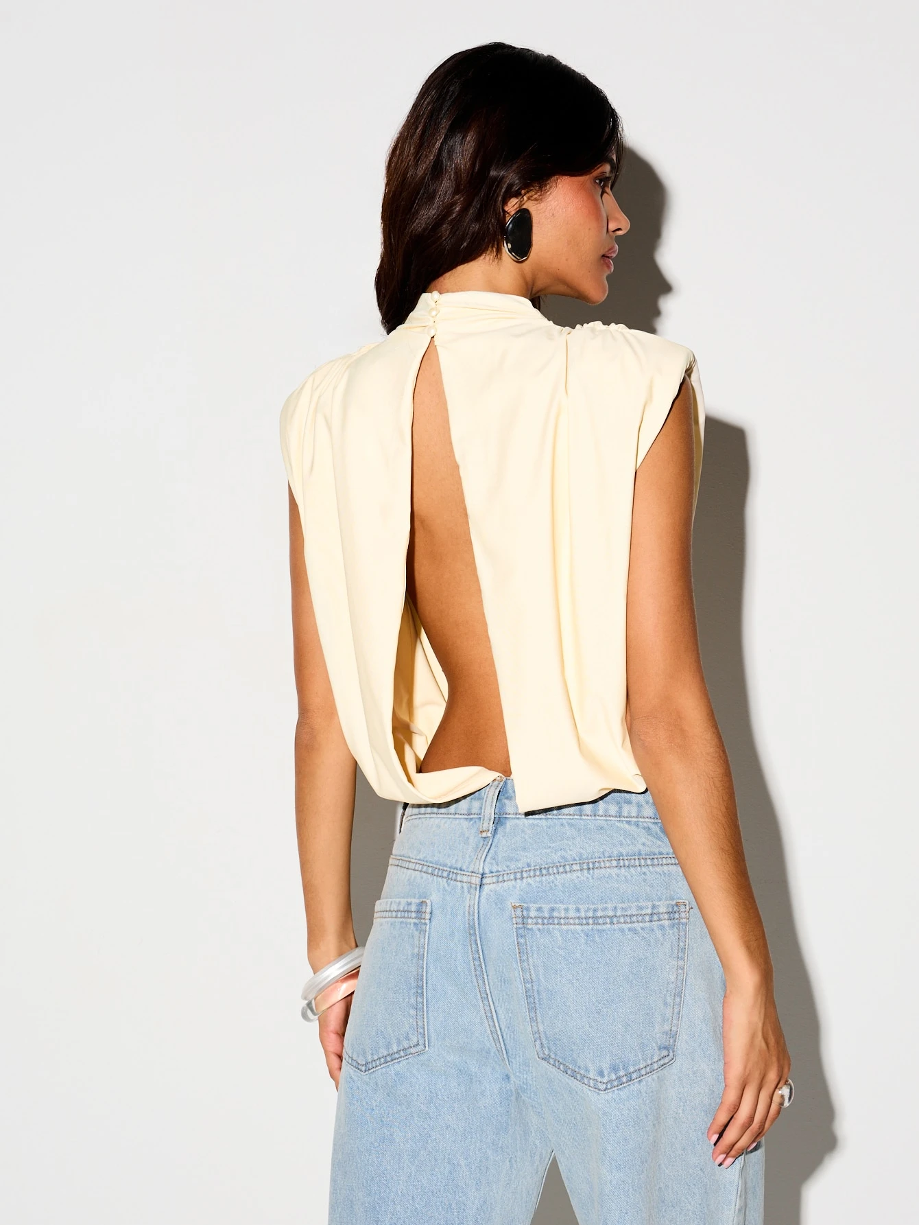 KIZN High Neck Draped Open Back Bodysuit