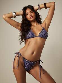 MISSGUIDED Bottom de bikini con estampado, lazos laterales y volantes, con estampado de rayas y lunares, para traje de baño de verano - Azul - Ver 4