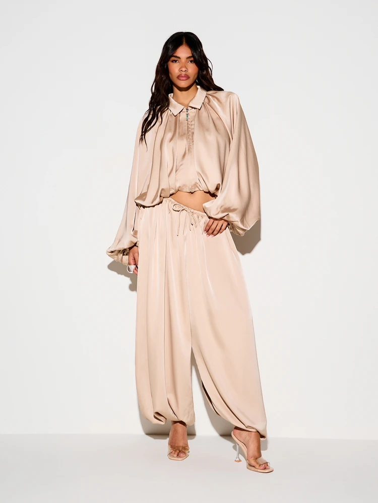 Satin Bubble Hem Jacket With Balloon Sleeves
