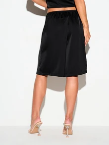 KIZN Satin Long Bermuda Shorts With Elastic Waist, Wide Leg Silhouette, Front Split Hem, Summer Evening Wear - Black - View 2