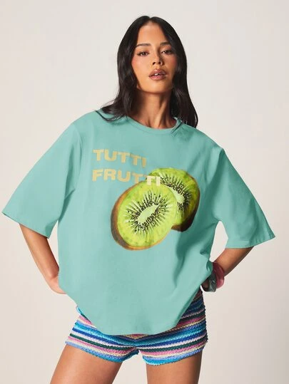 MISSGUIDED Tutti Frutti 奇異果圖案印花大尺寸圓領短袖夏季休閒T恤