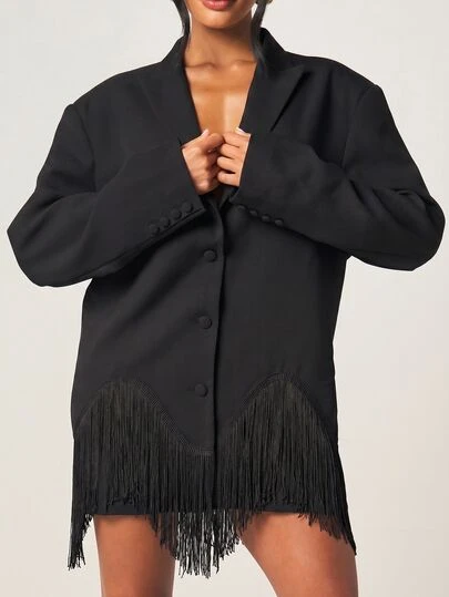 MISSGUIDED Áo blazer oversized một hàng khuy với gấu tua rua, cổ chữ V sâu, tay dài, tiệc tối