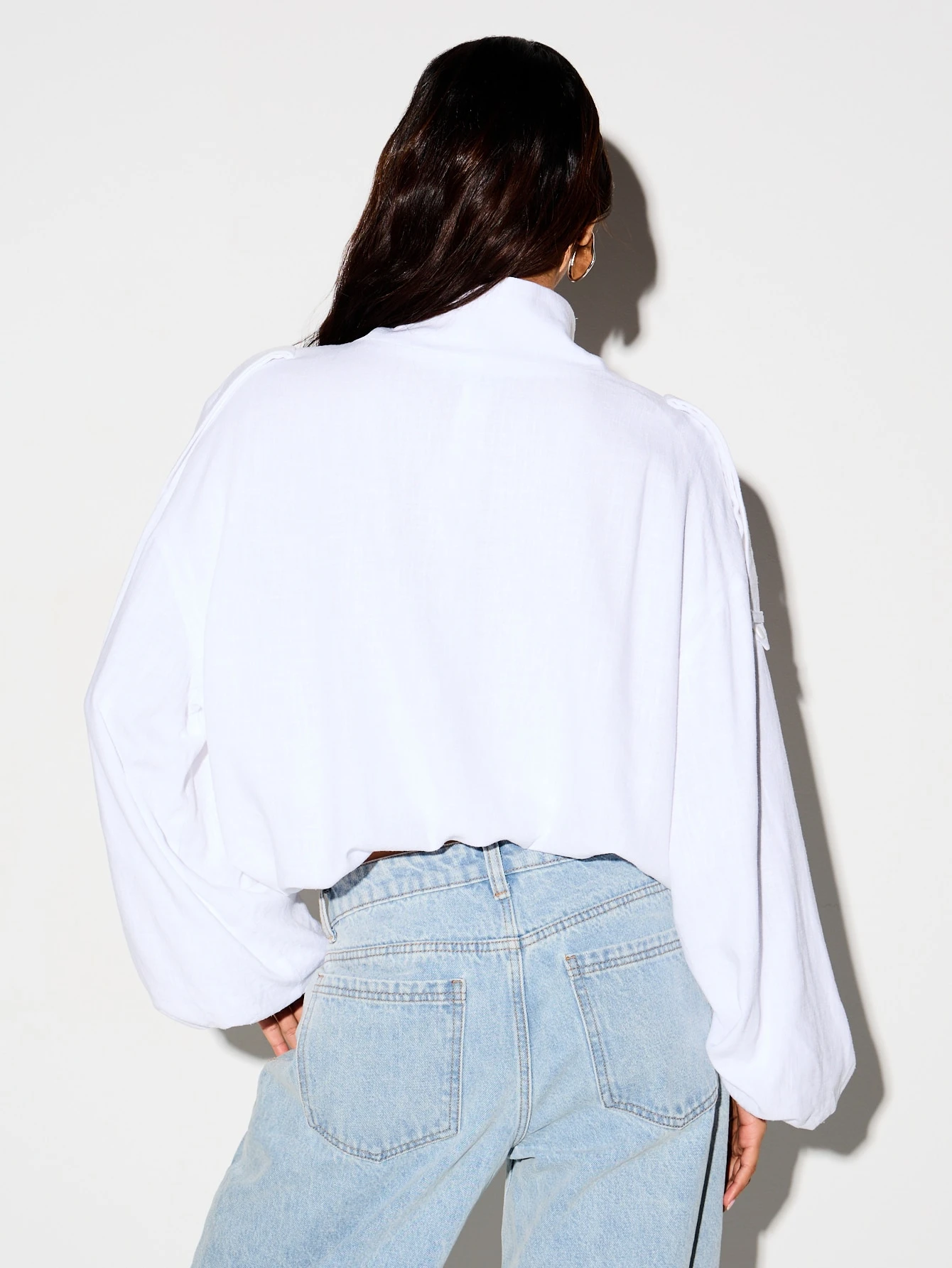 Cropped Windbreaker Jacket With Stand Collar And Balloon Sleeves