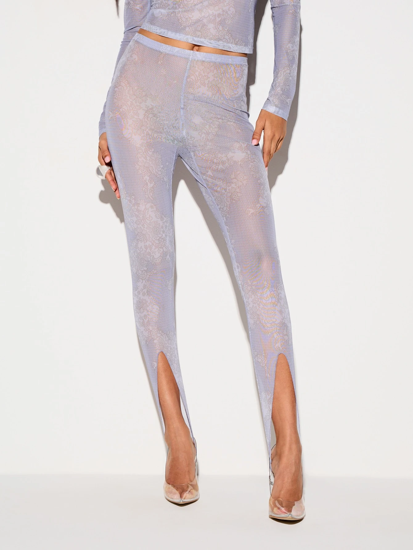 KIZN Sheer Lace Print Mesh Leggings With Front Split