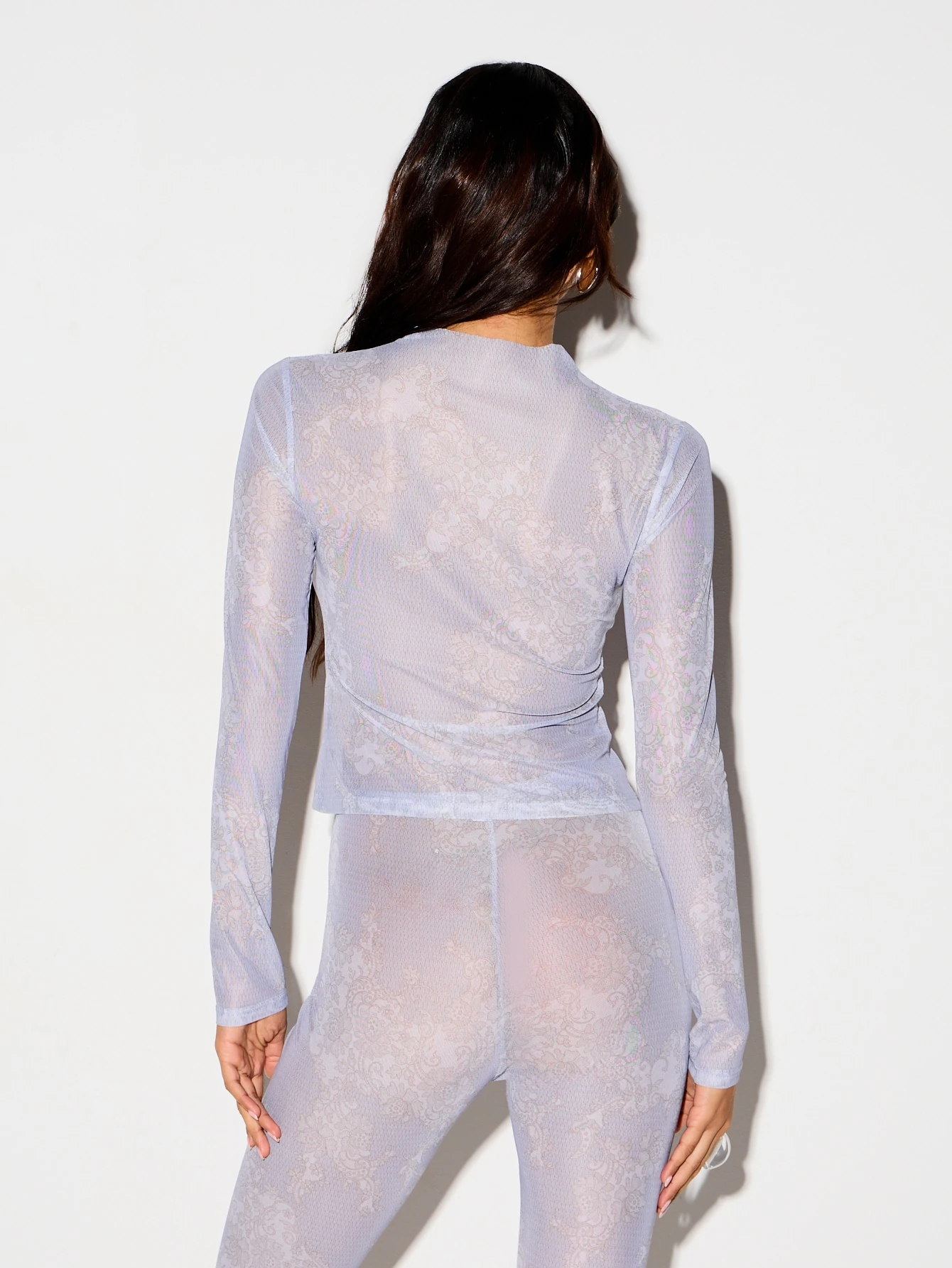 KIZN Lace Print Sheer Mesh Crop Top