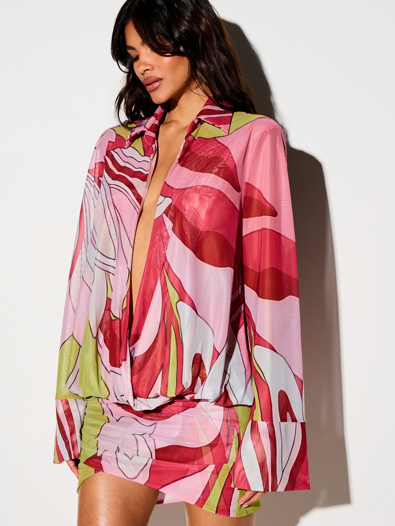 KIZN Printed Mesh Sheer Long Sleeve Cover-Up Mini Dress