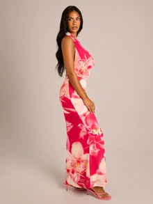 FASHION SZN Women's Floral Print Chiffon Cowl Neck Maxi Dress Summer Holiday Vacation Outfit Wedding Guest Dress Races Day Dress Formal Occasion Grad Dress Prom Elegant Chic Travel Classy - Multicolor - View 5