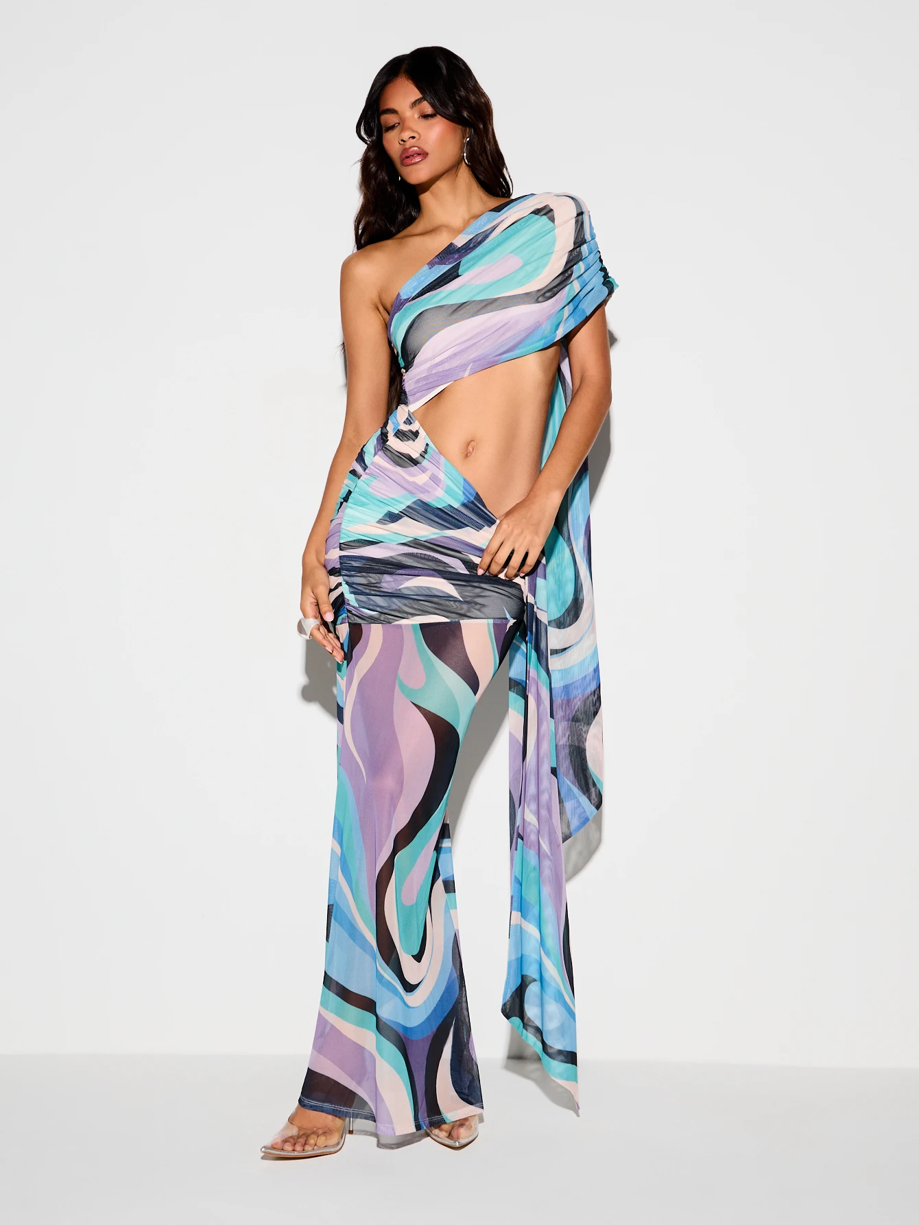 KIZN One-Shoulder Swirl Print Cut-Out Maxi Dress