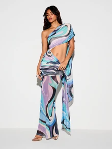 KIZN Gaun Maxi Motif Pusaran dengan Detail Lipatan Satu Bahu dan Potongan di Bagian Pinggang, Cocok untuk Pesta Malam Musim Panas - MultiWarna - View 4