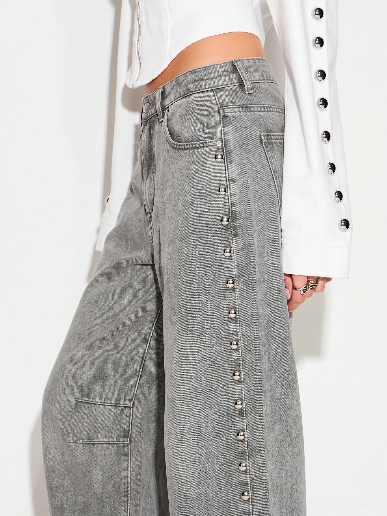 Wide Leg Jeans With Silver Stud Side Detail