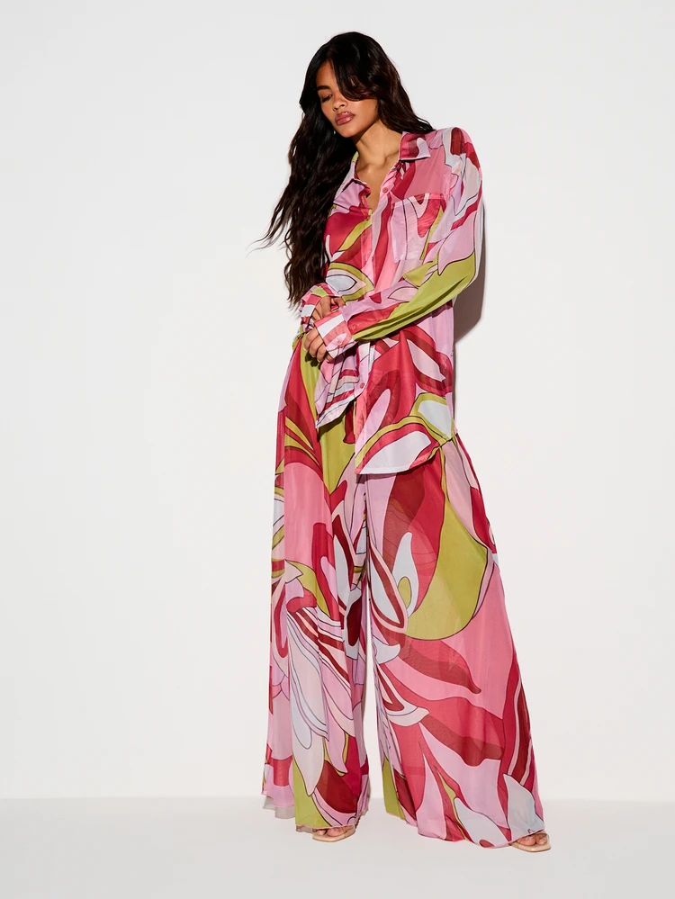 KIZN Sheer Oversized Shirt With Abstract Swirl Print