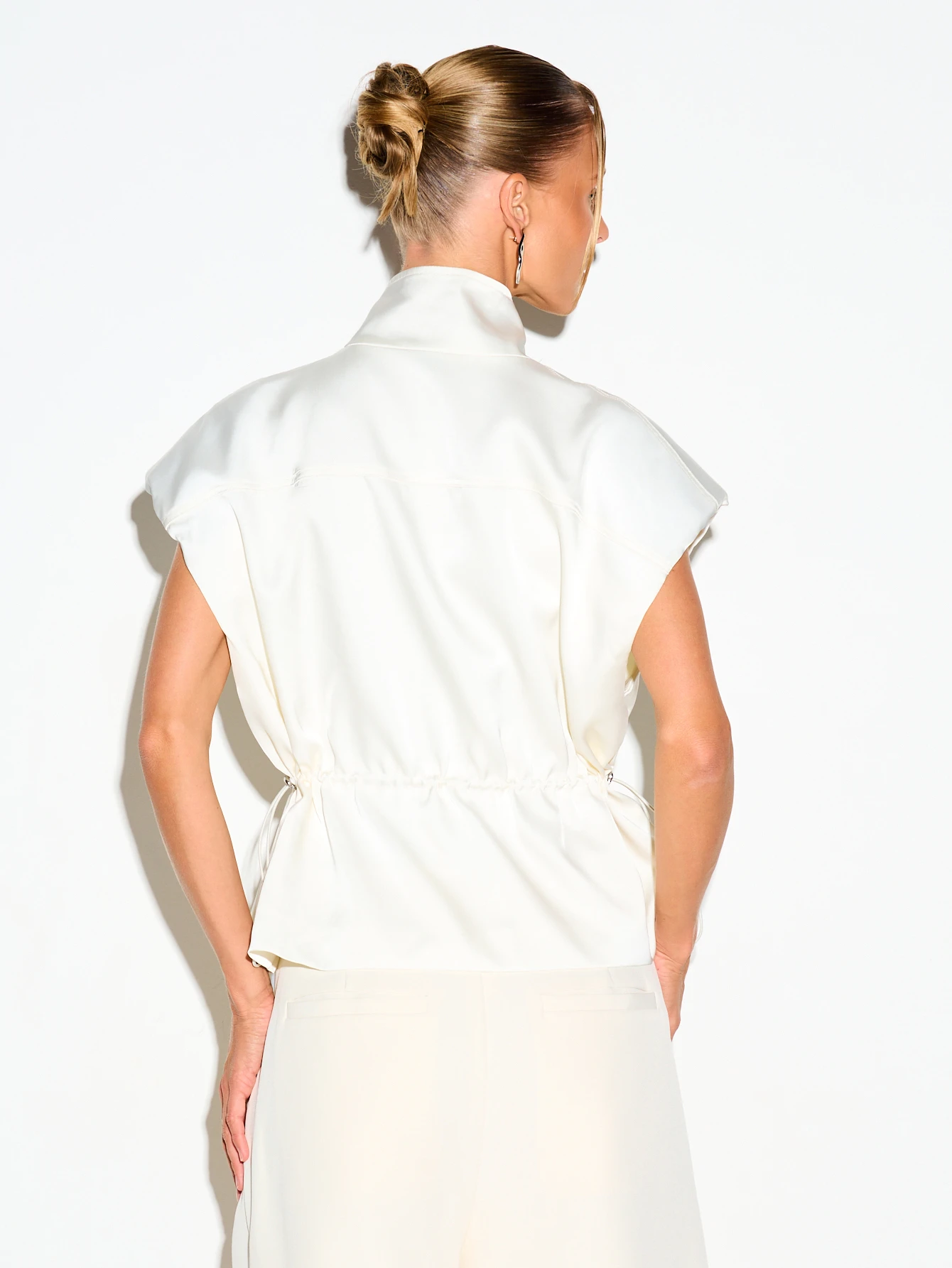 Satin Sleeveless Vest Jacket With Funnel Neck And Drawstring Waist