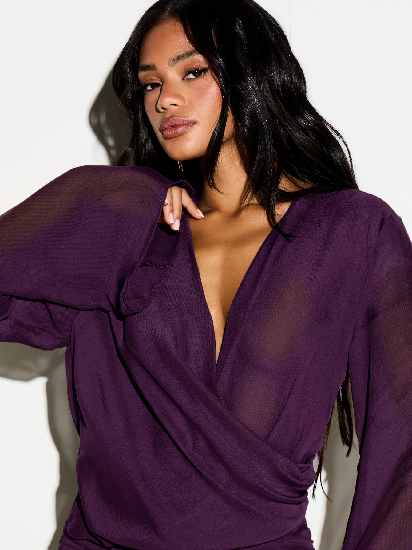 KIZN Chiffon Wrap Maxi Dress With Bell Sleeves And High Slit